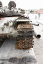 WROCÃÂAW, POLAND - JULY 12, 2022: T-72BA tank, front view of a track drive